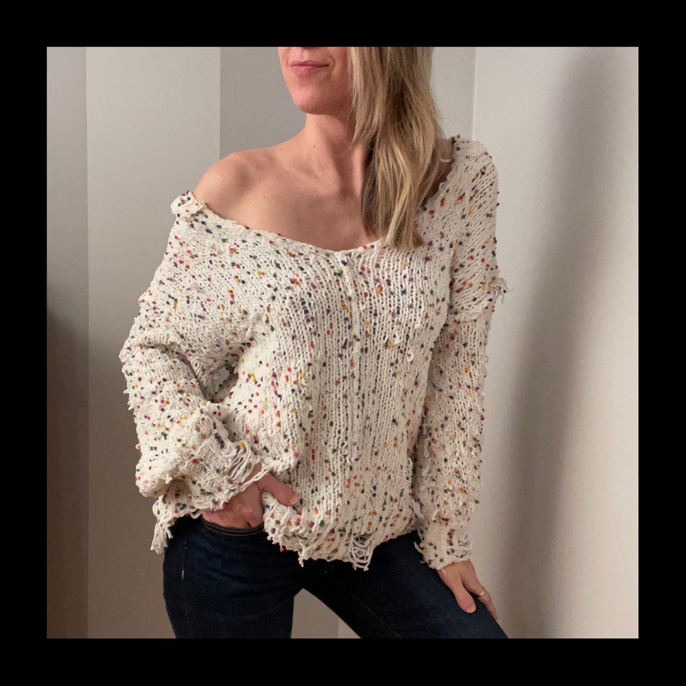 POL Distressed Multicolored Speckled Plush Pullover Sweater Hoodie